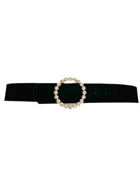 Zara Black Velvet Belt with Circular Rhinestone Buckle - One Size